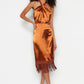 Copper Body-Fitting Woven Tasseled Satin Evening Dress