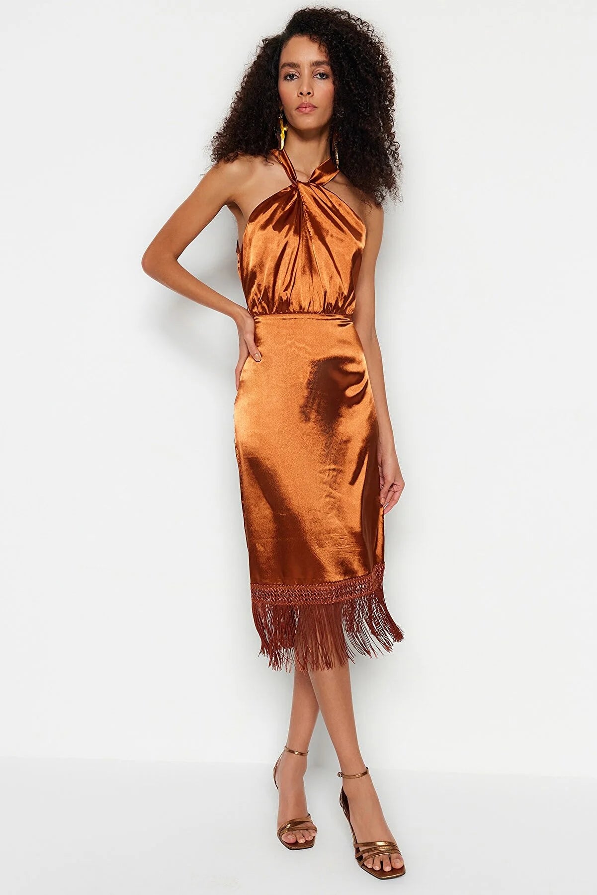 Copper Body-Fitting Woven Tasseled Satin Evening Dress