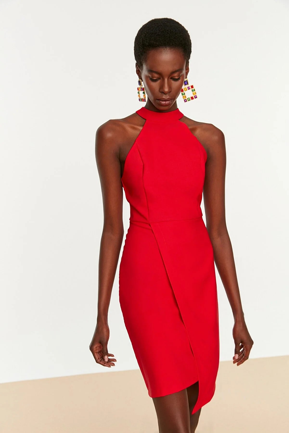 Red Fitted Lined Woven Evening Dress