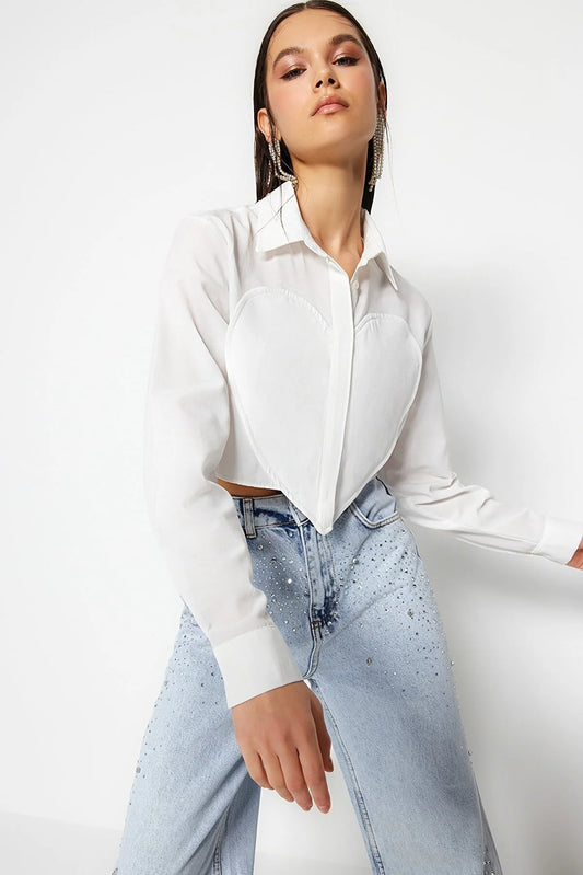 Crop Poplin Shirt with Ecru Heart Detail
