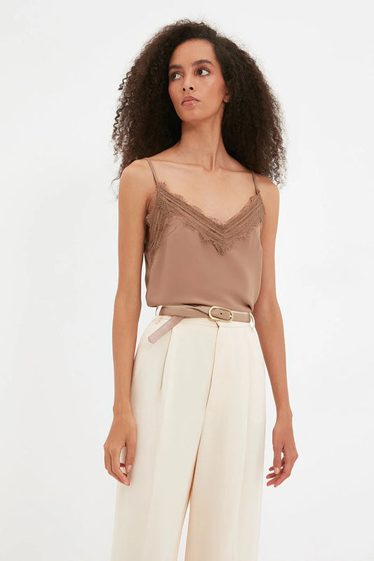 Mink Woven Lace Detailed Strap Blouse