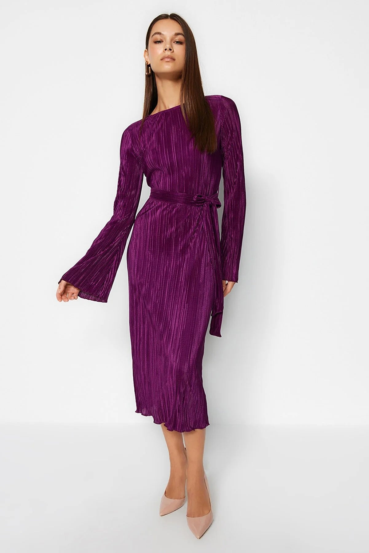 Purple Premium Pleated Fabric Flare Sleeve Detailed A-Line Midi Knitted Dress