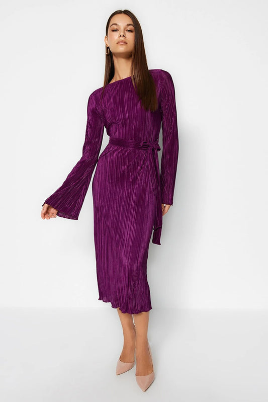 Purple Premium Pleated Fabric Flare Sleeve Detailed A-Line Midi Knitted Dress
