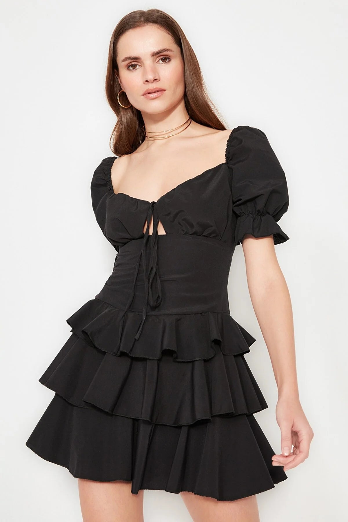 Black Ruffle Detailed Poplin Dress