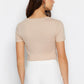 Beige Printed Rib Crop Knitted T-Shirt