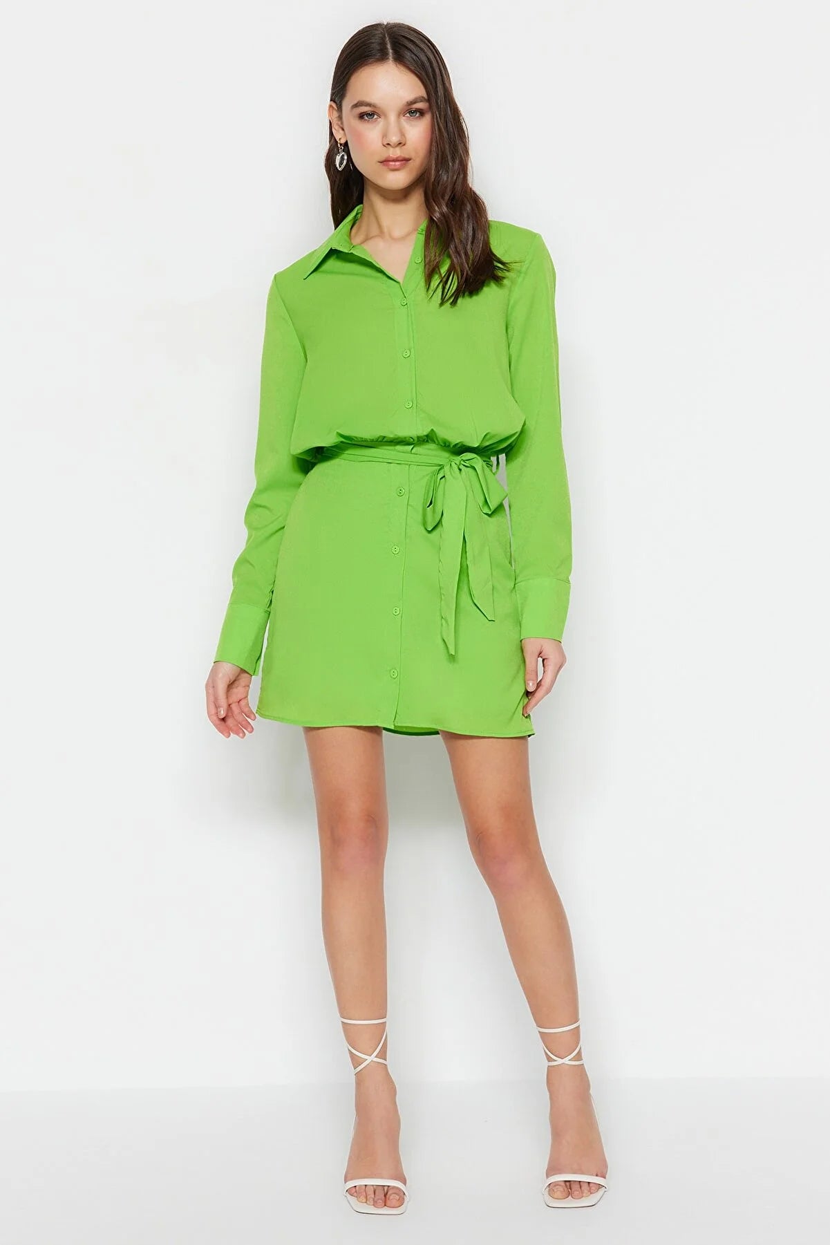 Light Green Belted Mini Woven Shirt Dress
