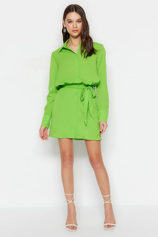 Light Green Belted Mini Woven Shirt Dress