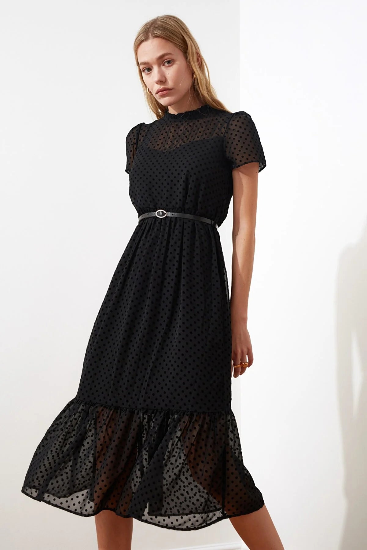 Black Belted Midi A-Line Woven Lined Dress
