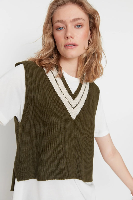 Khaki Crop V Neck Triko Sweater