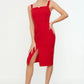 Red Midi Woven Slit Strap Dress