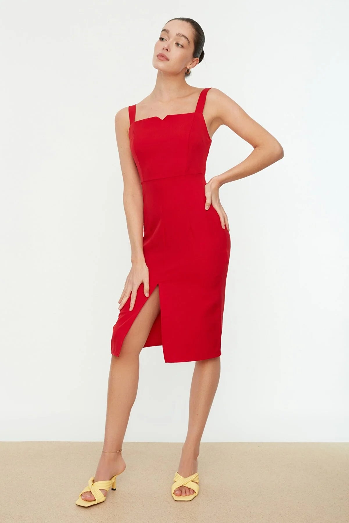 Red Midi Woven Slit Strap Dress