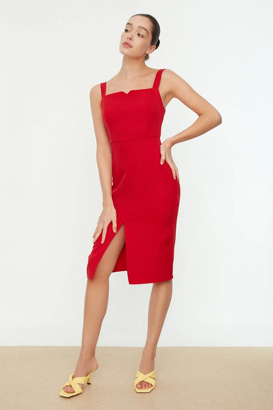 Red Midi Woven Slit Strap Dress