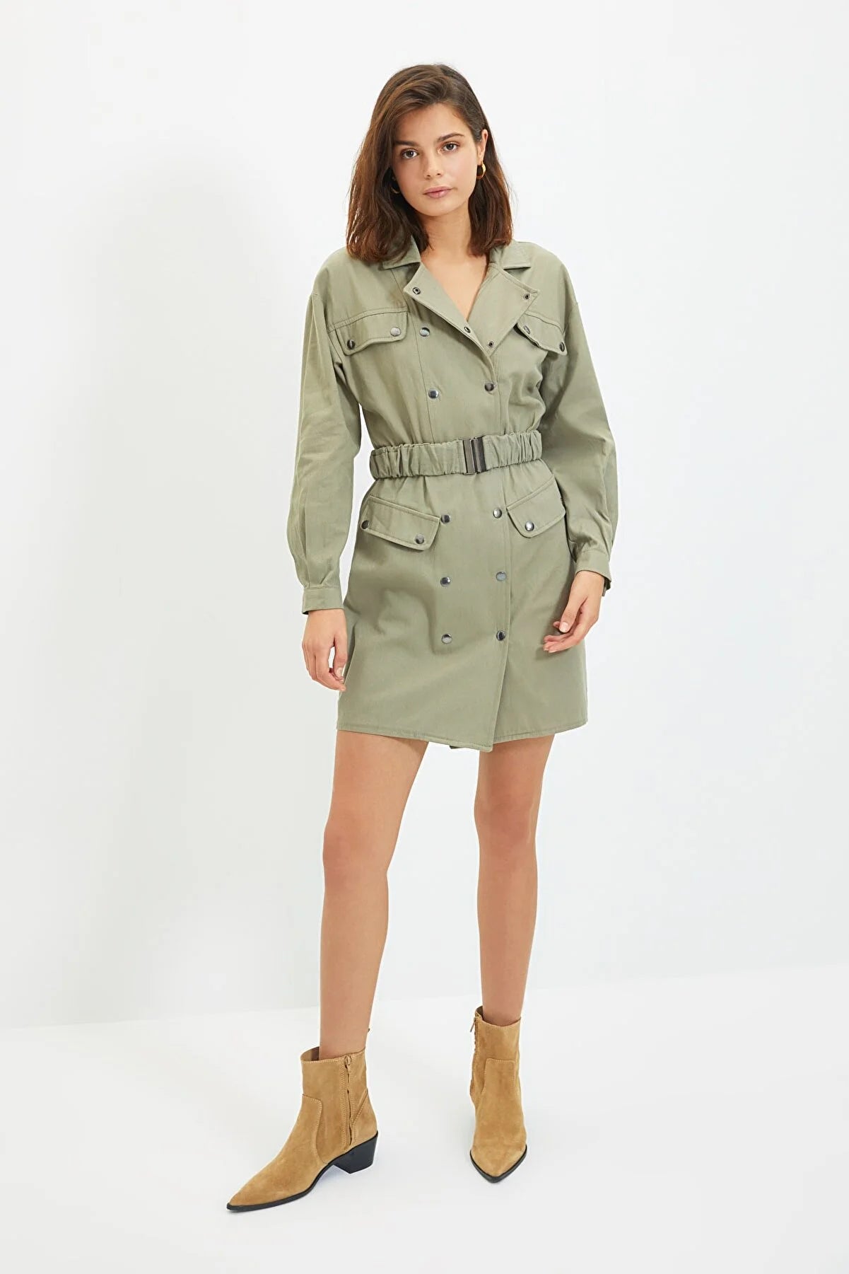 Khaki Belted Mini Woven Dress