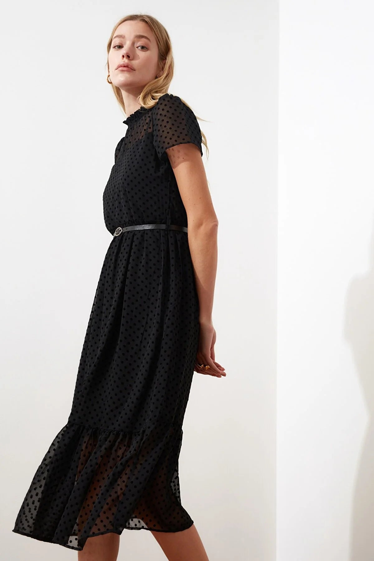 Black Belted Midi A-Line Woven Lined Dress