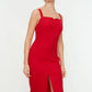 Red Midi Woven Slit Strap Dress