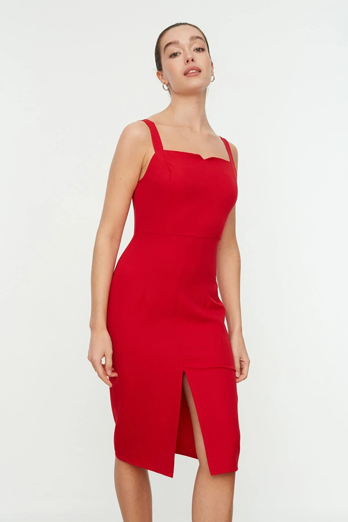 Red Midi Woven Slit Strap Dress