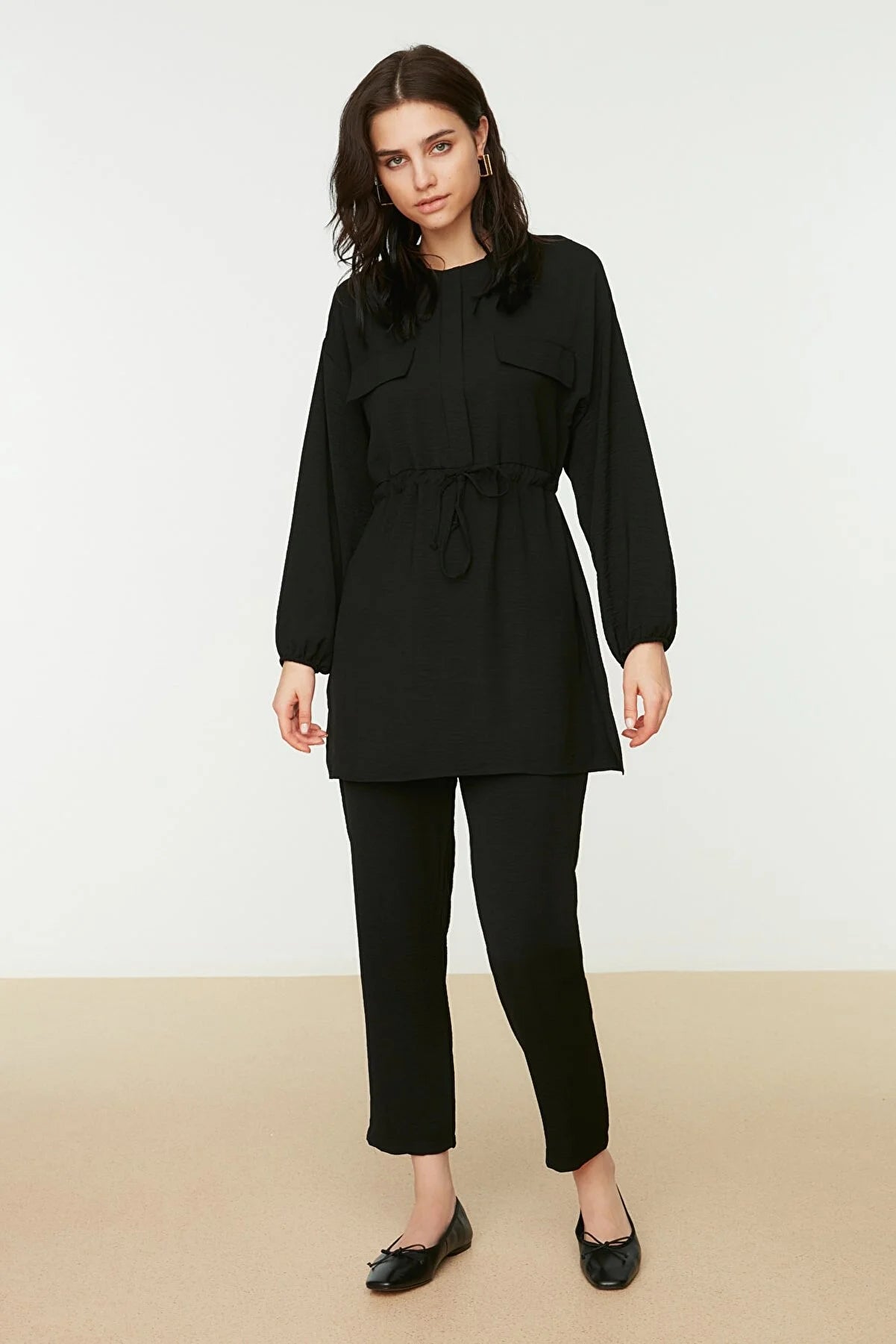 Black Tie Waist Pocket Detailed Aerobin Shirt-Pants Set