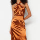Copper Body-Fitting Woven Tasseled Satin Evening Dress