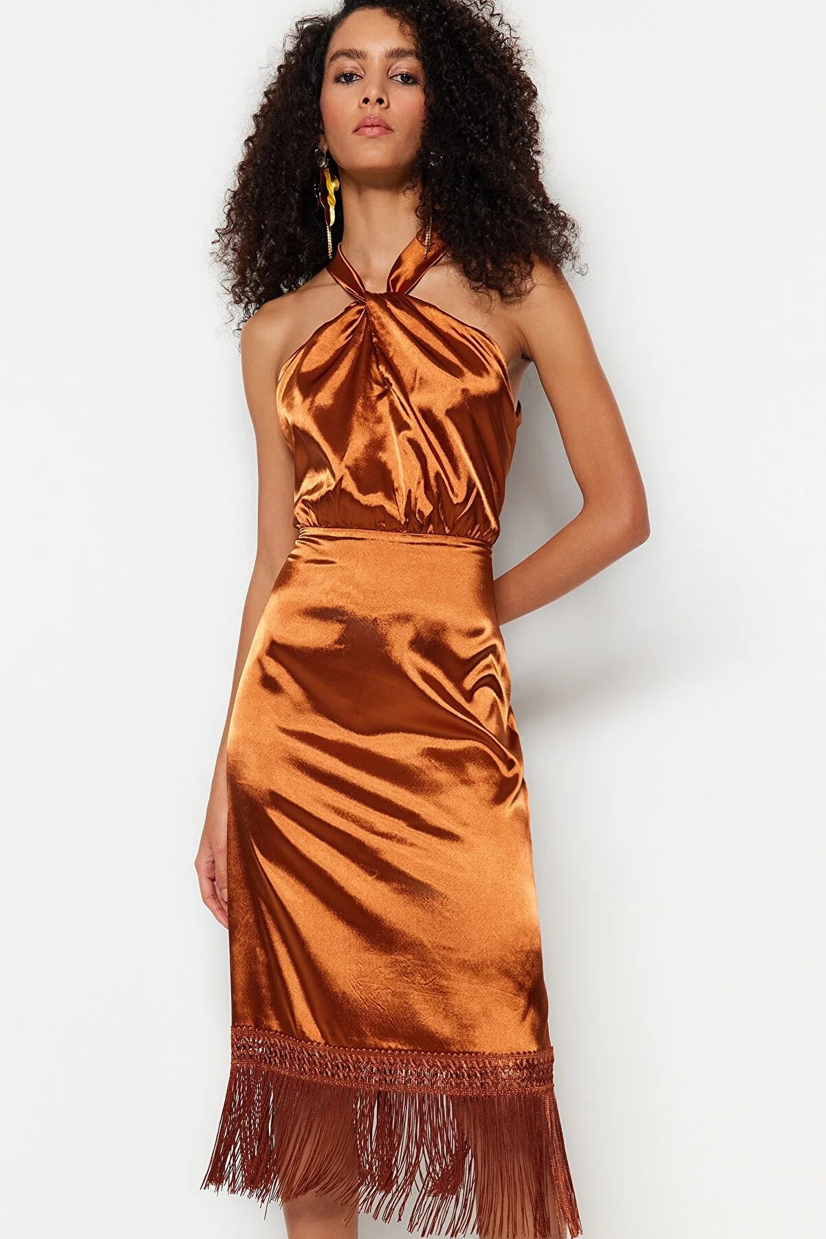Copper Body-Fitting Woven Tasseled Satin Evening Dress