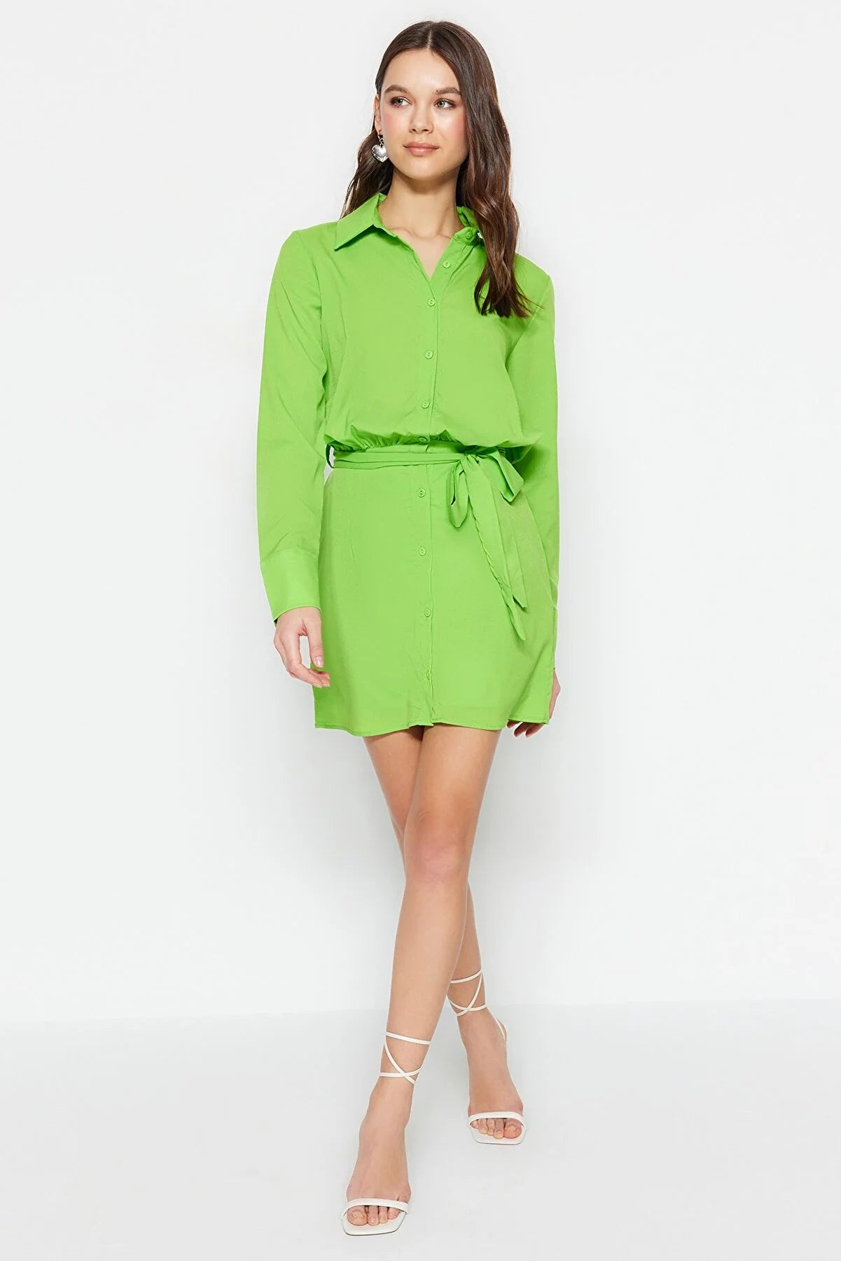 Light Green Belted Mini Woven Shirt Dress