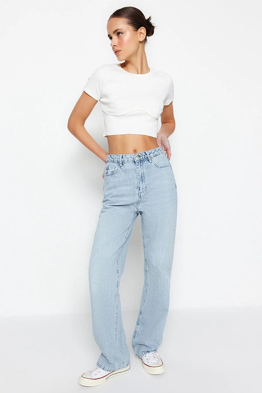 Blue High Waist Long Straight Jeans