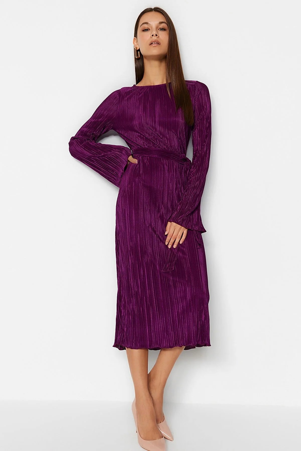 Purple Premium Pleated Fabric Flare Sleeve Detailed A-Line Midi Knitted Dress