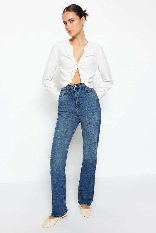 Dark Blue Recycle High Waist Long Straight Jeans