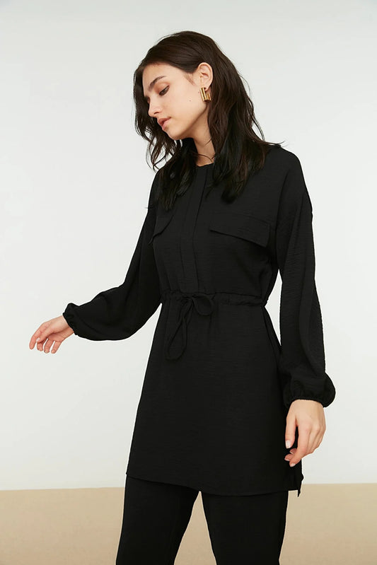 Black Tie Waist Pocket Detailed Aerobin Shirt-Pants Set