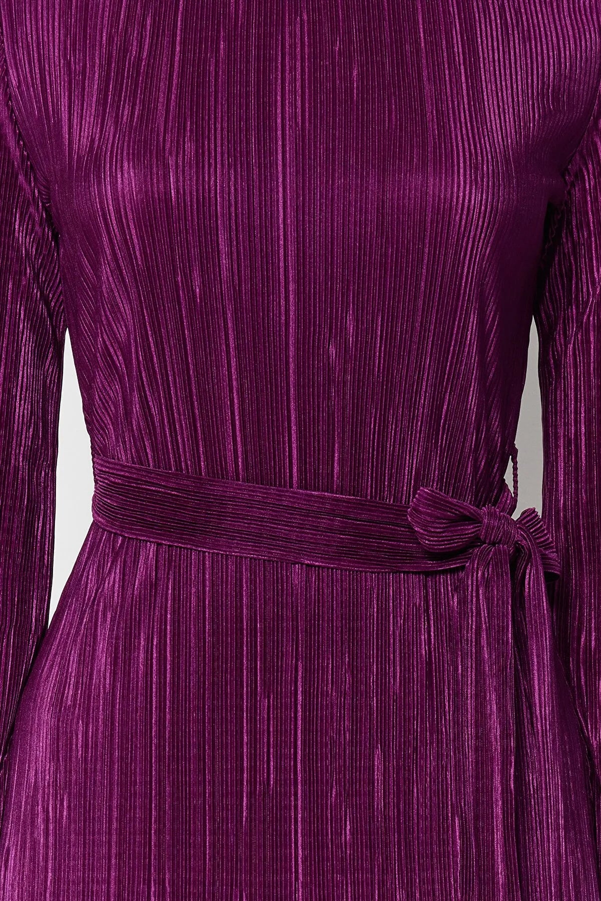 Purple Premium Pleated Fabric Flare Sleeve Detailed A-Line Midi Knitted Dress