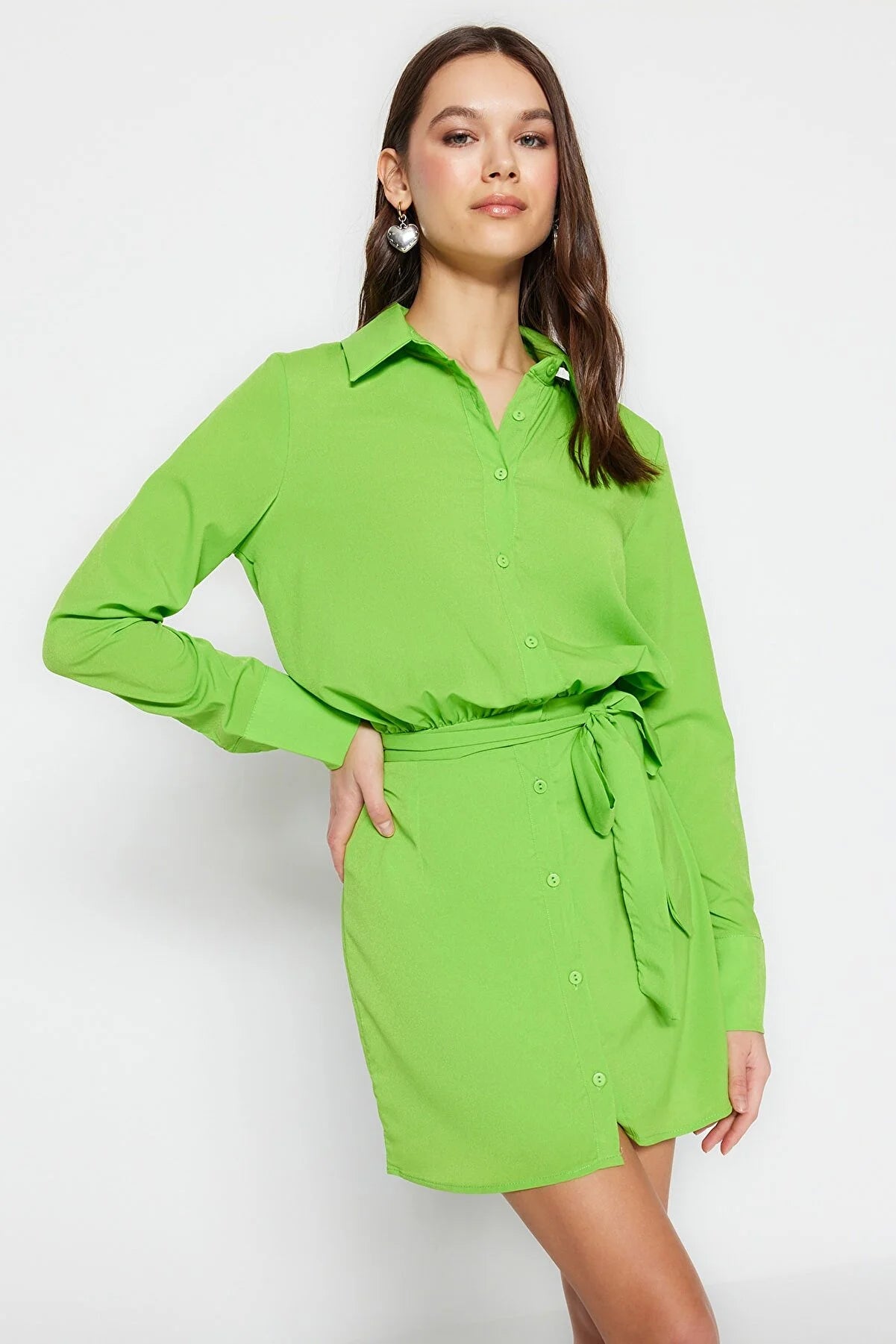 Light Green Belted Mini Woven Shirt Dress