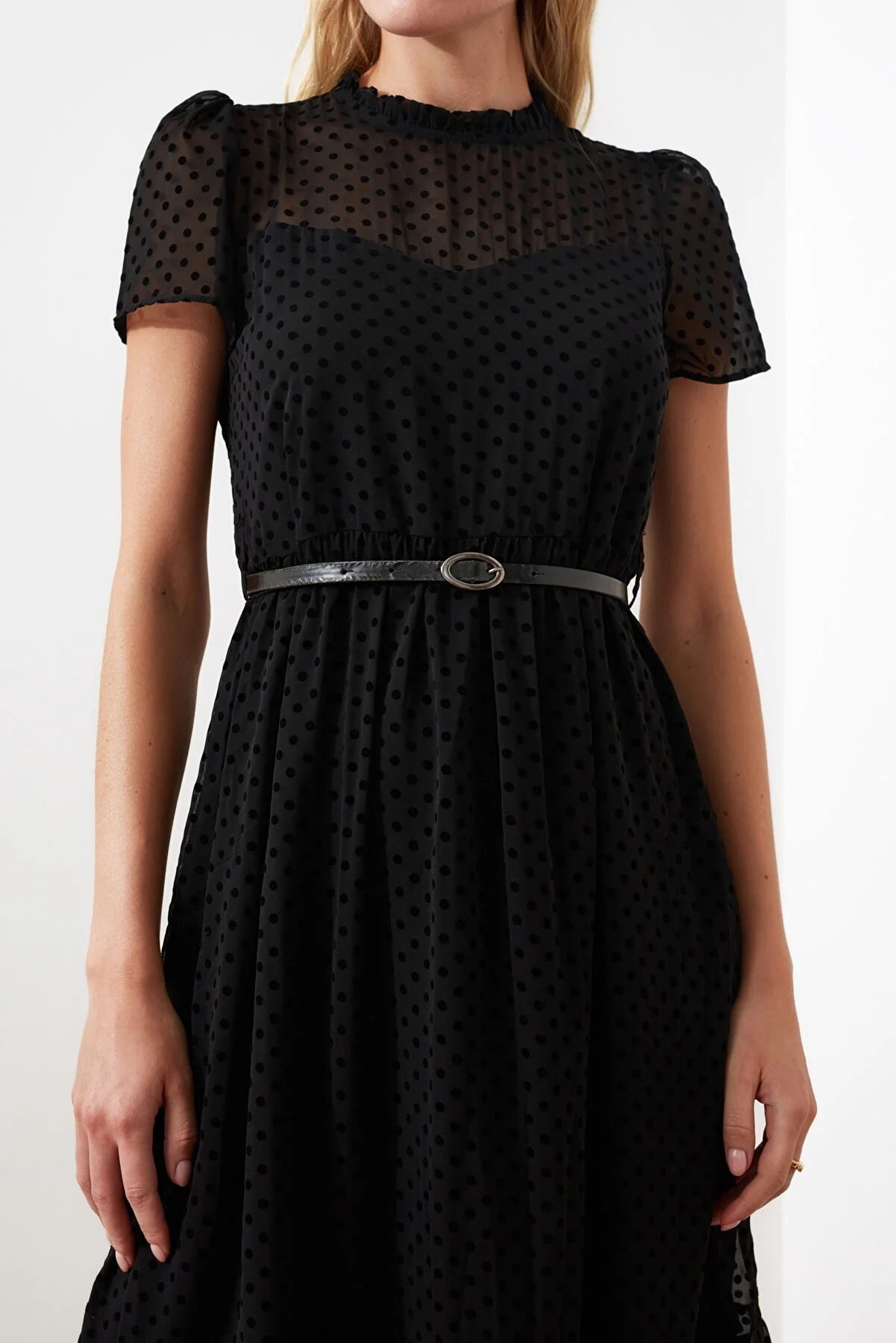 Black Belted Midi A-Line Woven Lined Dress