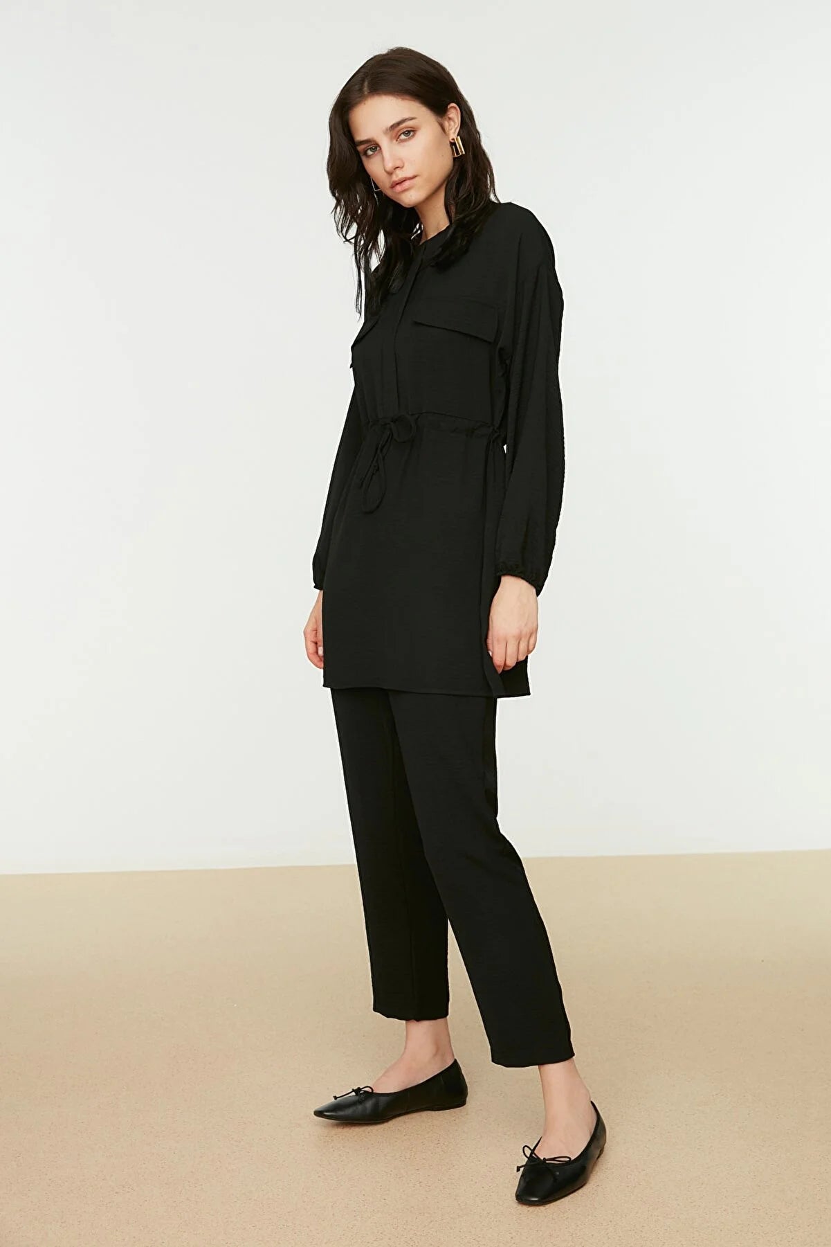 Black Tie Waist Pocket Detailed Aerobin Shirt-Pants Set