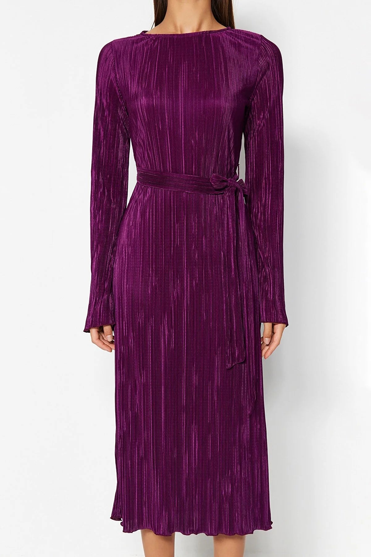 Purple Premium Pleated Fabric Flare Sleeve Detailed A-Line Midi Knitted Dress