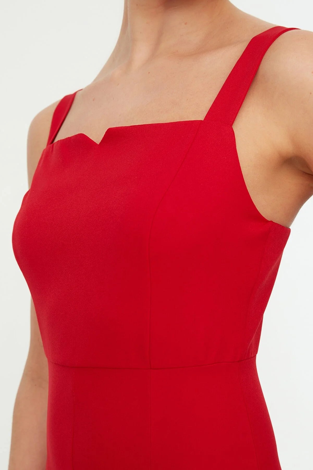 Red Midi Woven Slit Strap Dress