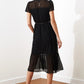 Black Belted Midi A-Line Woven Lined Dress
