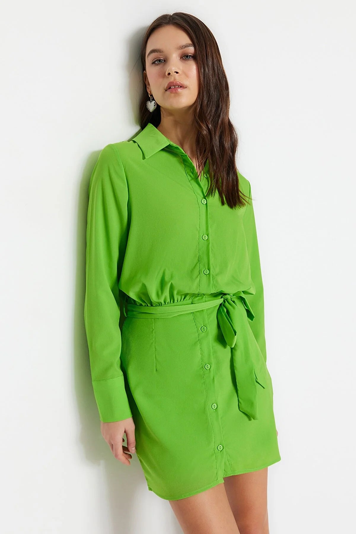 Light Green Belted Mini Woven Shirt Dress