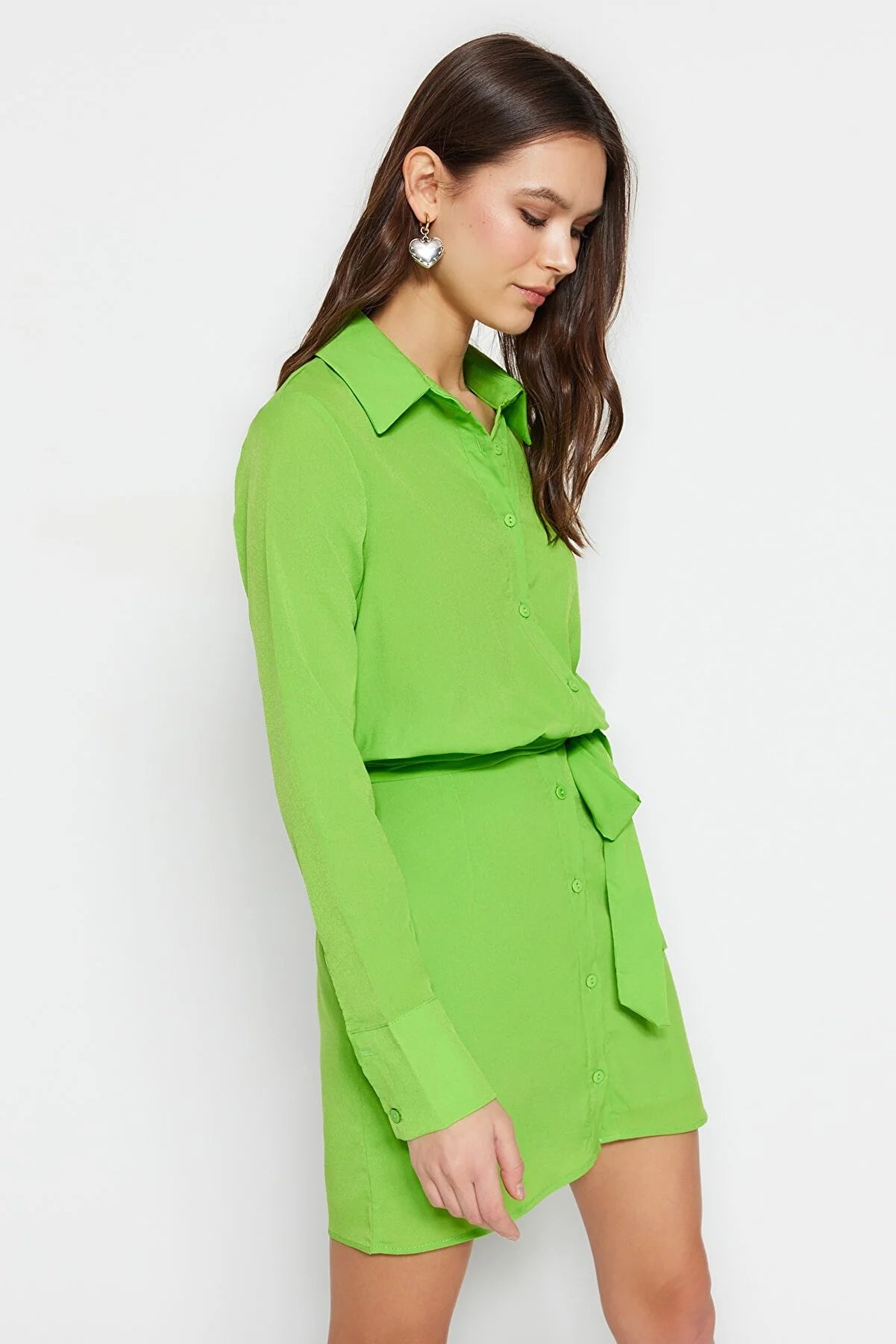 Light Green Belted Mini Woven Shirt Dress