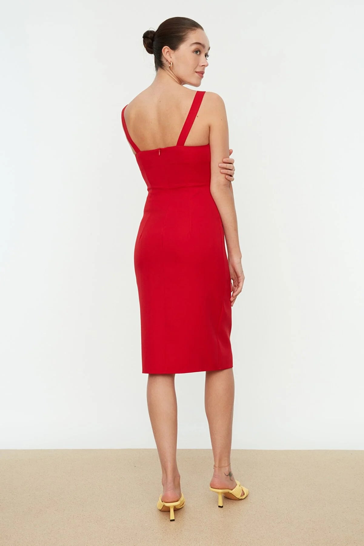 Red Midi Woven Slit Strap Dress