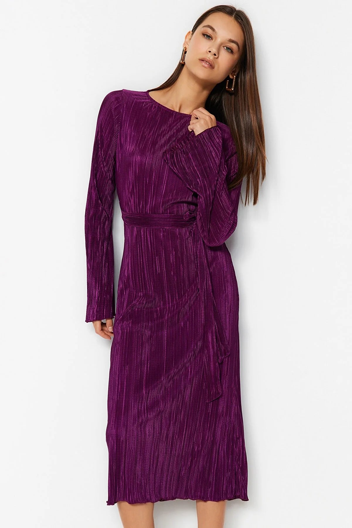 Purple Premium Pleated Fabric Flare Sleeve Detailed A-Line Midi Knitted Dress