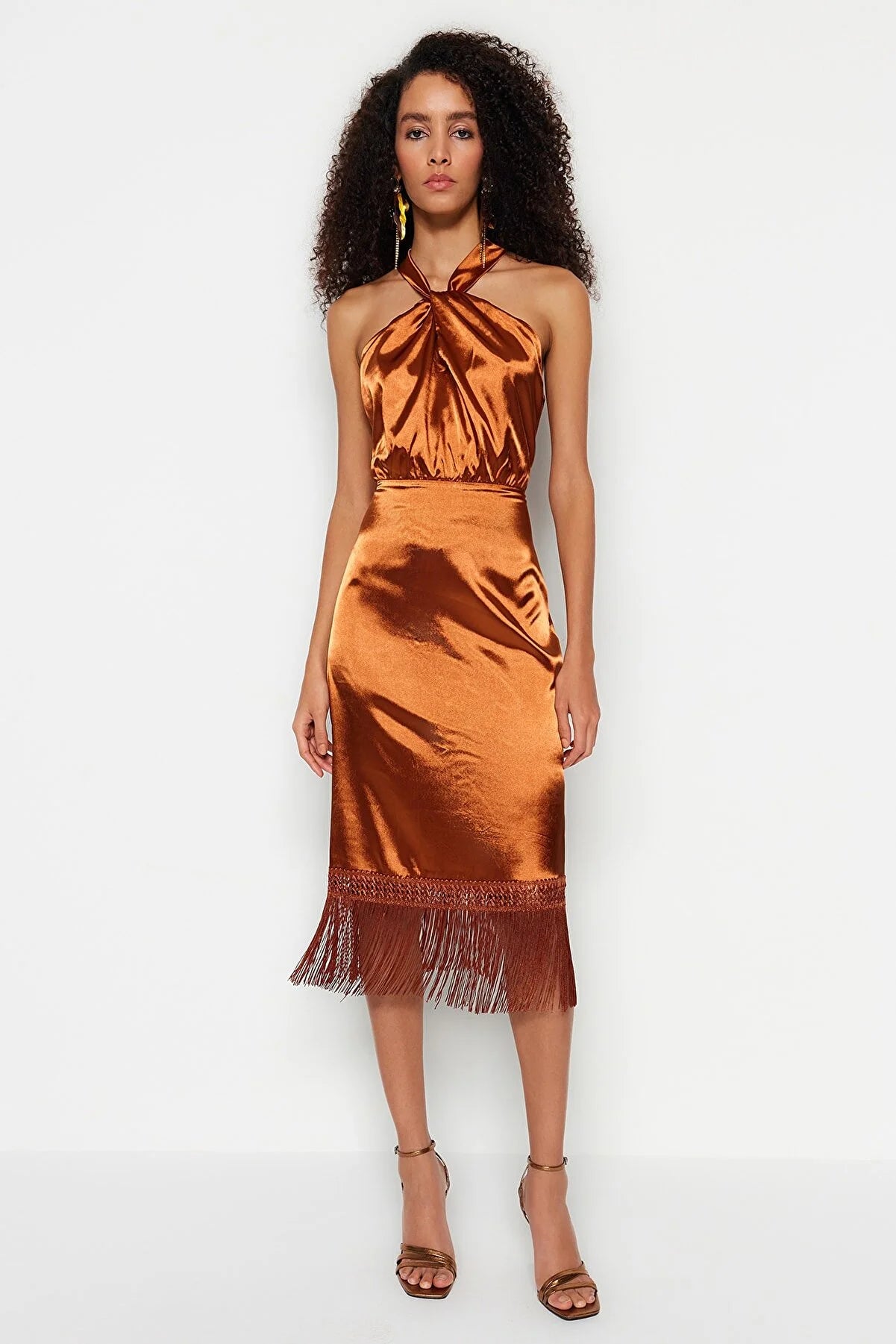 Copper Body-Fitting Woven Tasseled Satin Evening Dress