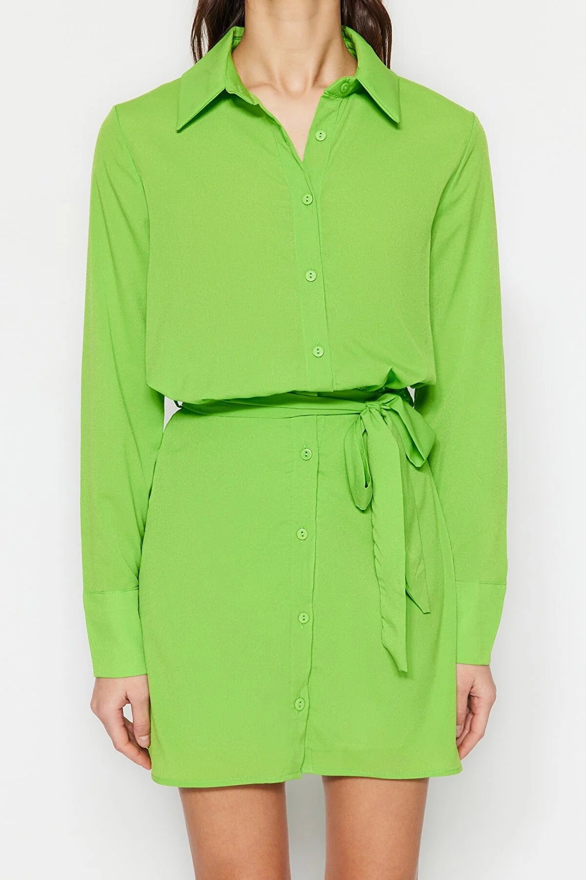 Light Green Belted Mini Woven Shirt Dress