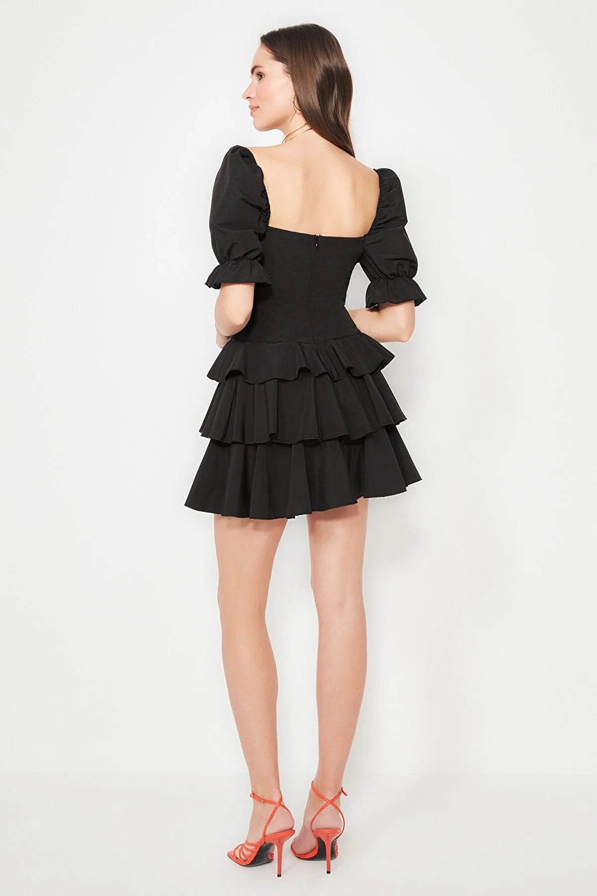 Black Ruffle Detailed Poplin Dress