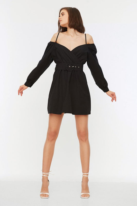 Black Belted Ruffle Dress