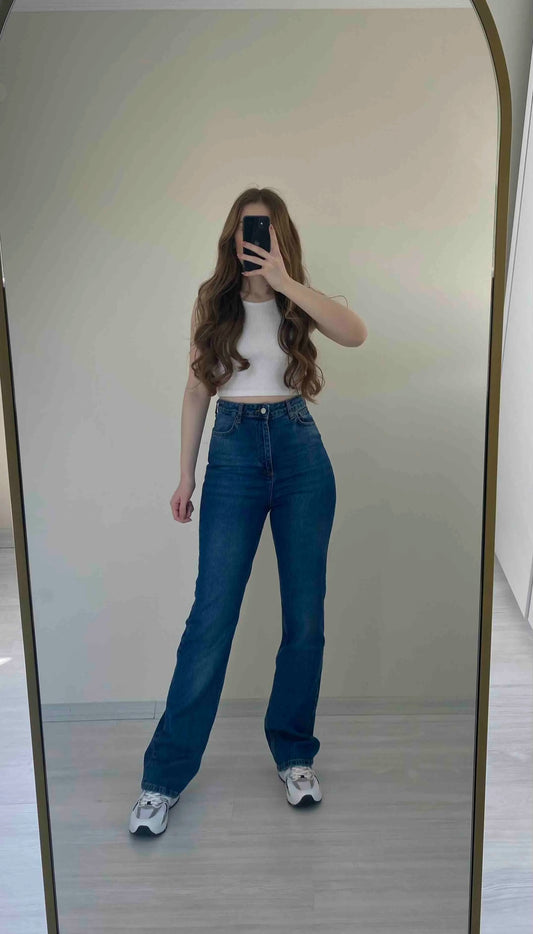Dark Blue Recycle High Waist Long Straight Jeans