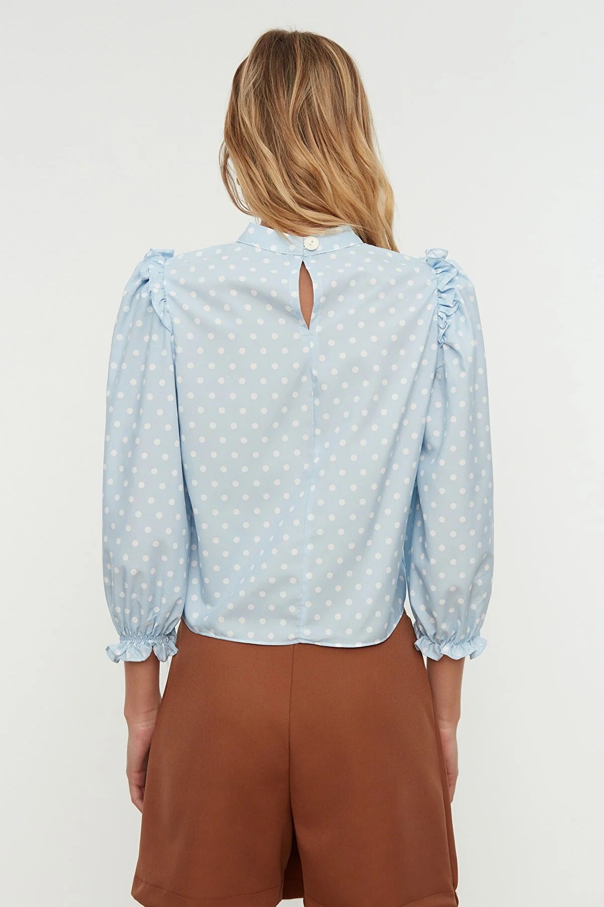 Blue Polka Dot Collar Balloon Sleeve Blouse