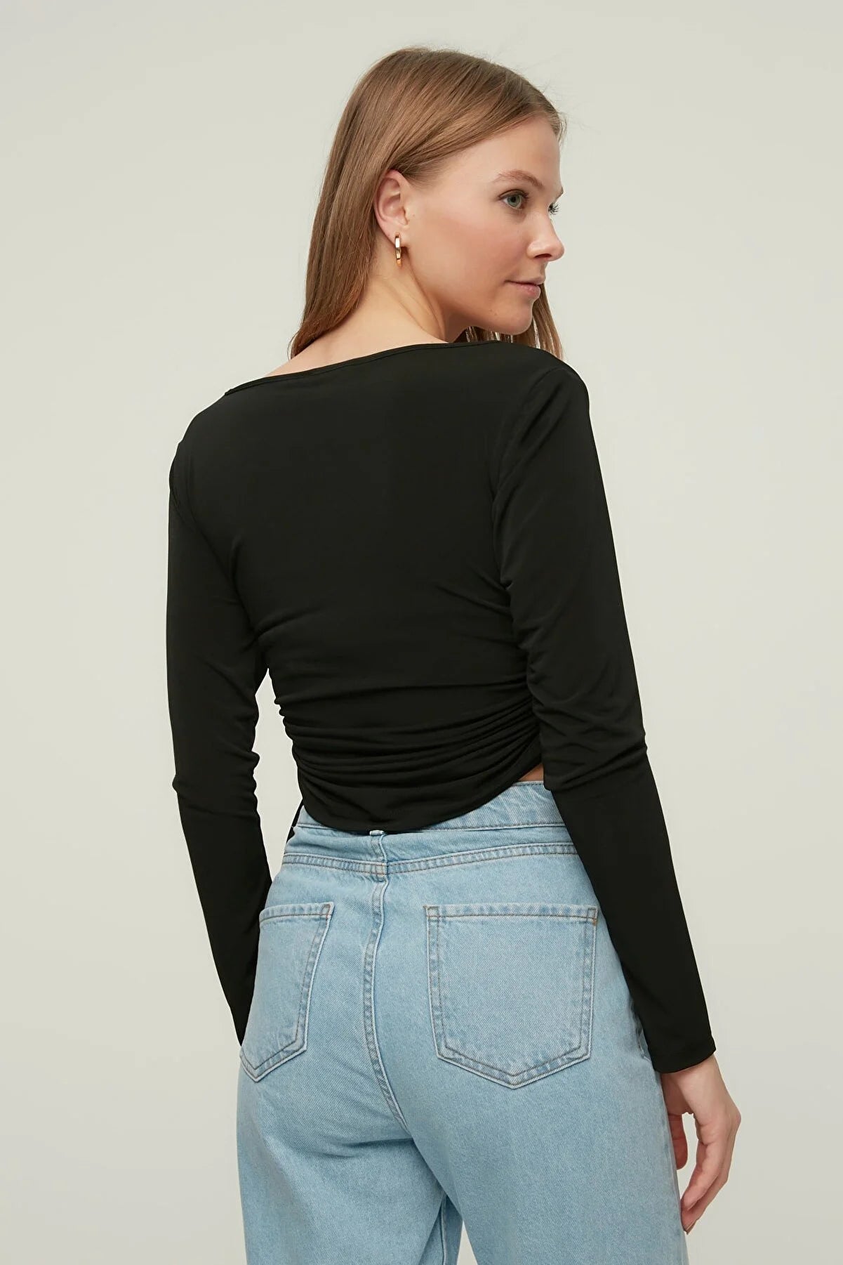 Black Square Collar Pleated Knitted Blouse