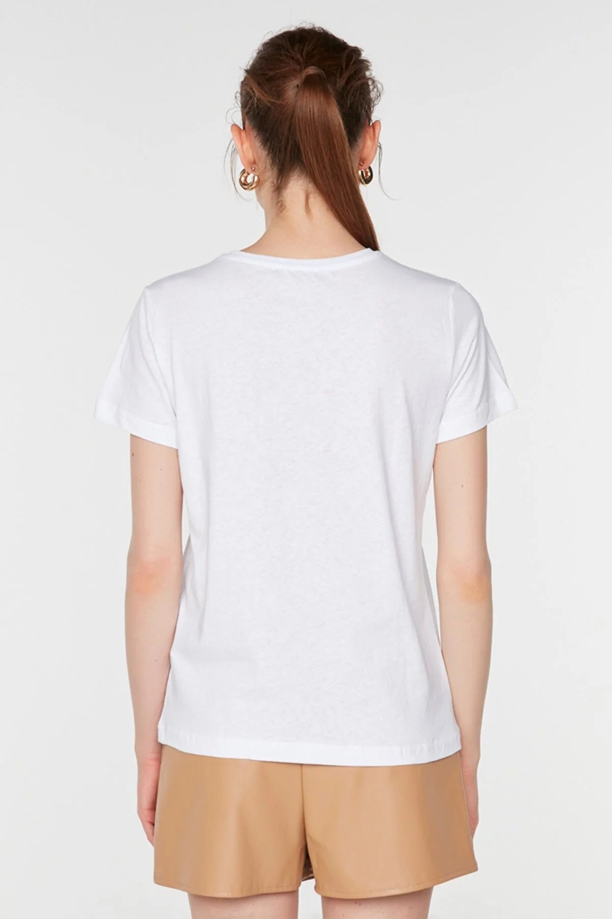 White Printed Basic Knitted T-Shirt