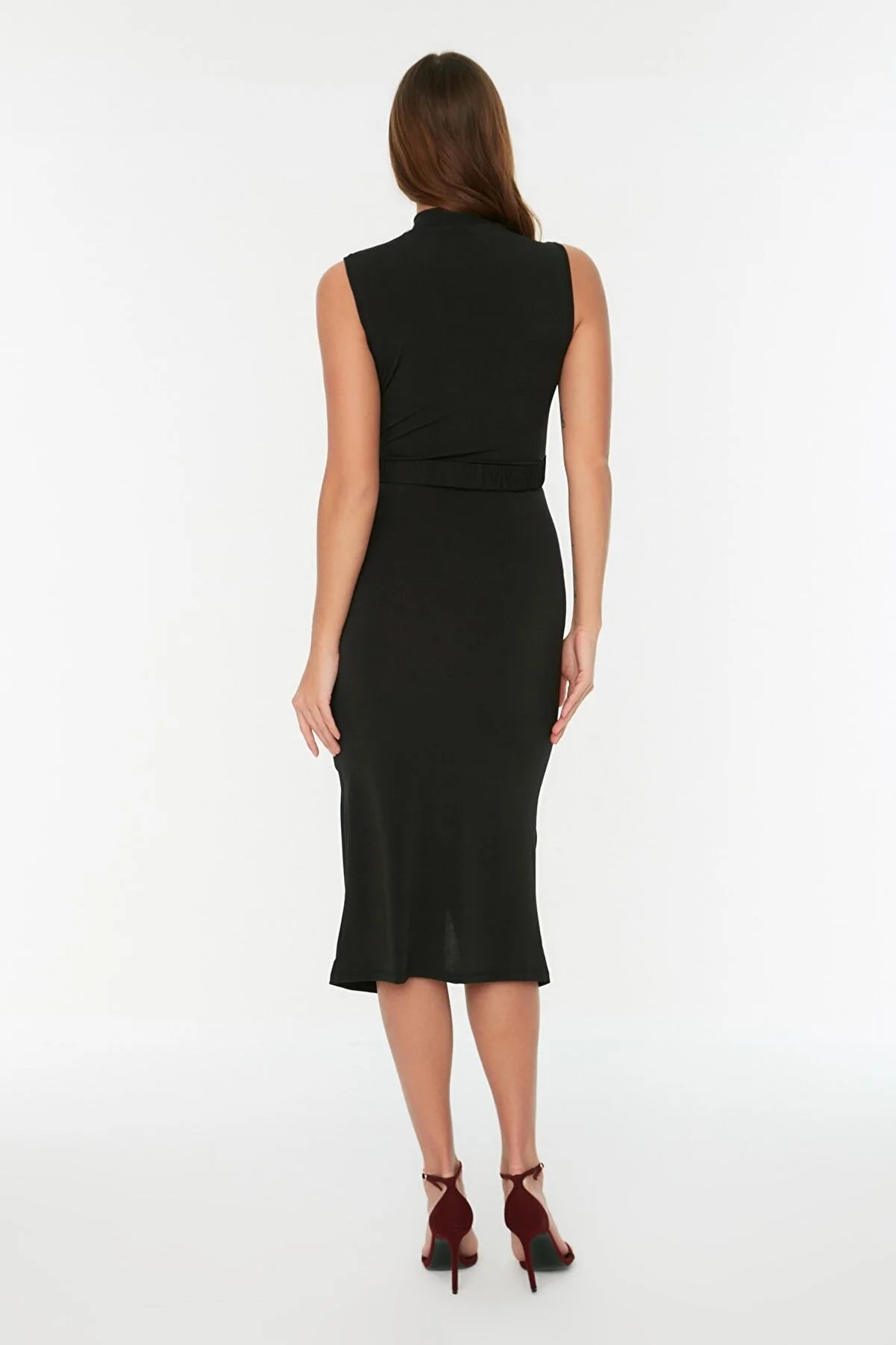 Black Sleeveless Draped Detailed Knitted Dress With Belt