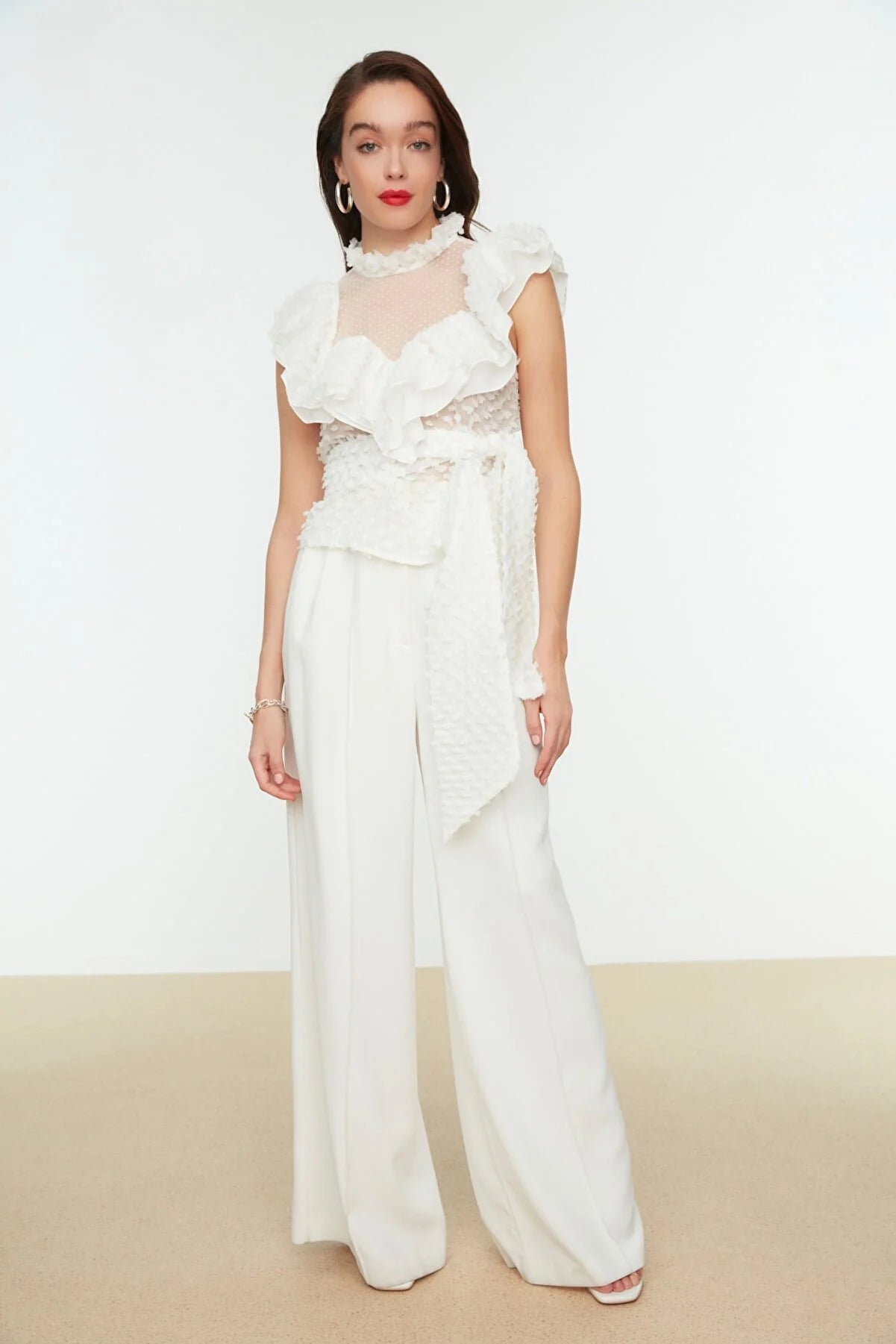 Ecru Tie Detailed Ruffle Blouse