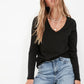 Black Long Sleeve V Neck Basic Knitted T-Shirt